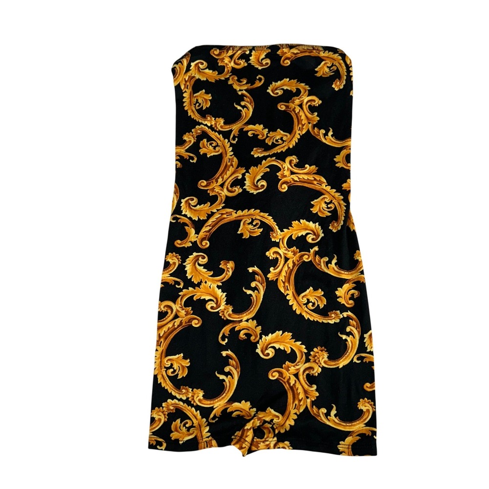 Fashion Nova Shes Dynamite Romper Black Gold Baroque Lace Up Back Strapless S